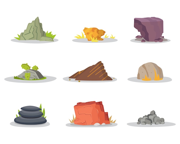 Jardín Rocas y piedras sueltas o apiladas por daños. arquitectura del arte del juego de la ilustración. conjunto de rocas
