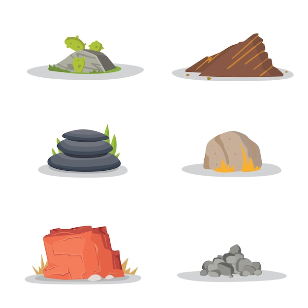 Jardín Rocas y piedras sueltas o apiladas por daños. diseño de arquitectura de arte de juego de ilustración. conjunto de rocas