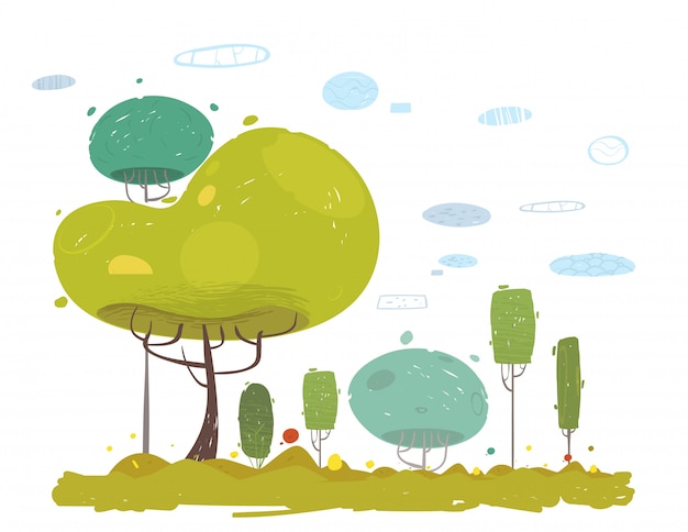 Jardín rústico de dibujos animados, campo en bosque, escena del parque