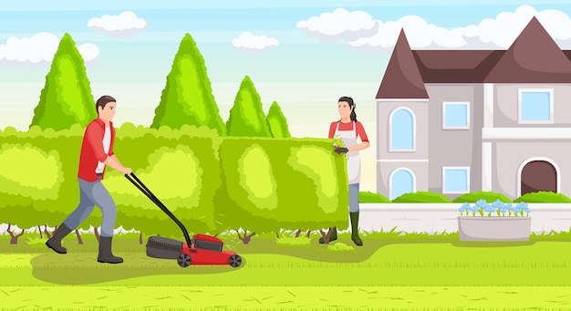 Jardín trasero con pala de tierra cultivada y regadera de horca y cerca de carretilla y casa de campo en el fondo Equipo de jardinería vectorial césped con plantas en crecimiento flores en maceta