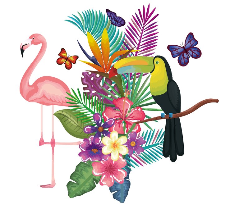 Vector jardín tropical y exótico con flamenco