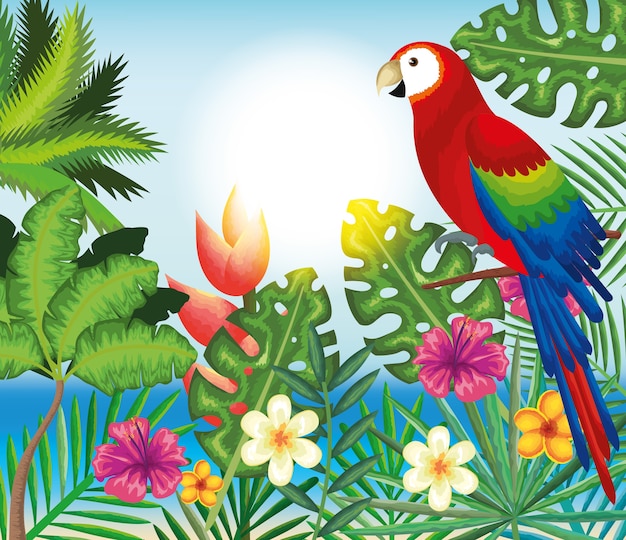 Vector jardín tropical y exótico con loro