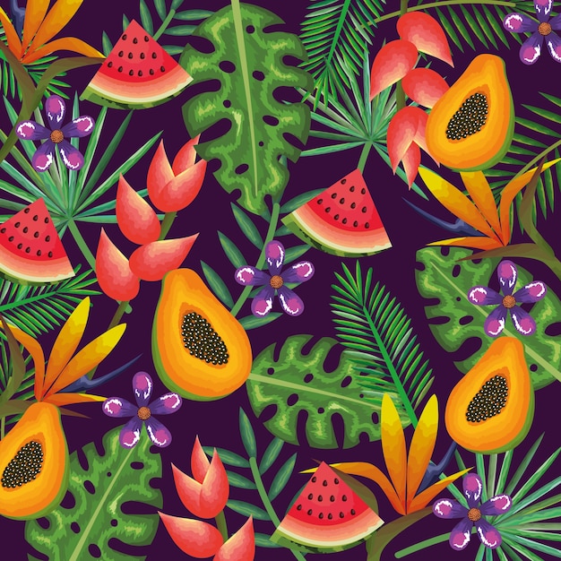 Jardín tropical con papaya y sandía