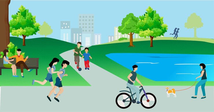 Vector el jardín de verano en la ciudad tiene bancos, árboles verdes, pasarelas y vistas a la naturaleza. hay poblaciones que caminan, trotan y viven en los parques.