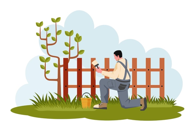 Jardiner arrodillado y pintando la valla de madera en el jardín durante la primavera con pincel y cubo hierba verde y árbol pequeño estilo de dibujos animados plano ilustración vectorial