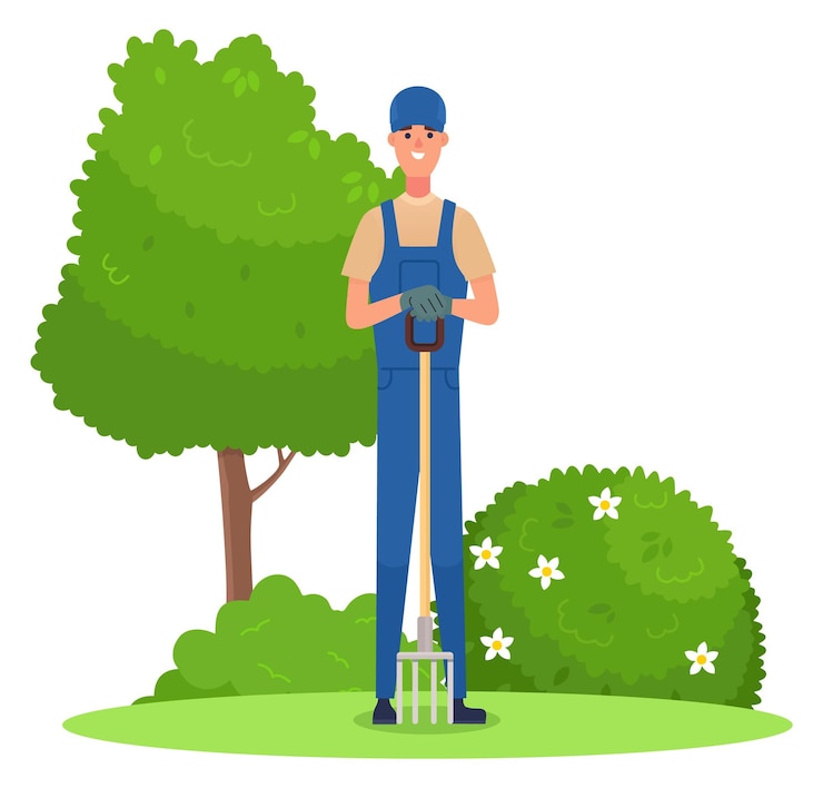 Vector jardiner feliz con una horca de pie en un parque verde aislado sobre un fondo blanco