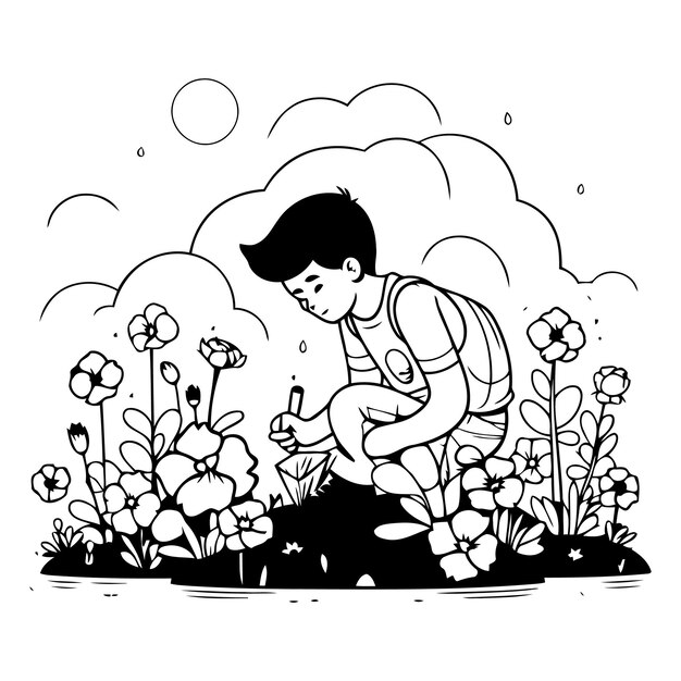 Vector jardiner plantando flores en el jardín ilustración vectorial de estilo plano