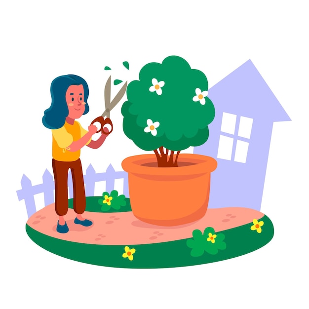 Vector jardinería en casa ilustración con árboles de poda de mujer