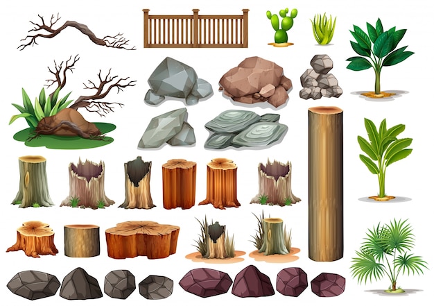 Jardinería conjunto de rocas y ramas ilustración