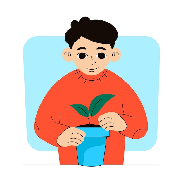 Jardinería El hombre planta un brote en una olla Gráfico vectorial