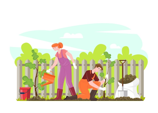 Jardinería personas plantando árboles jóvenes