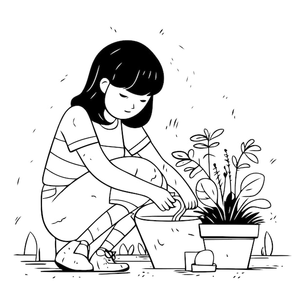 Vector jardinería plantación de macetas jardinero crecimiento de plantas ilustración del suelo jardín de macetas dibujo diseño lindo niña joven persona de dibujos animados personaje humano adulto