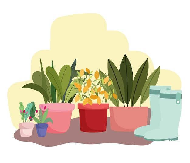 Vector jardinería plantas en macetas flores y botas de goma ilustración