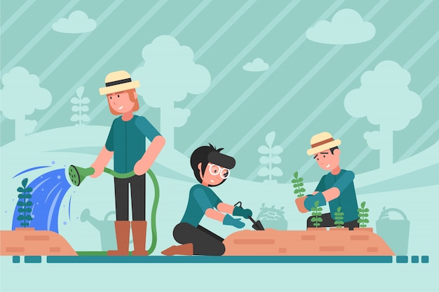 Vector jardinería, trabajo en equipo, naturaleza, plantación, agricultura, concepto de medio ambiente.