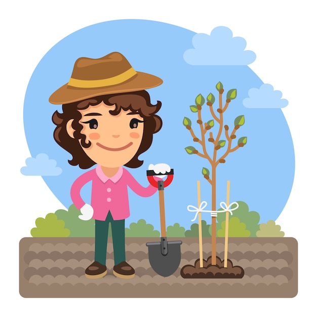 Jardinero de dibujos animados planta un árbol