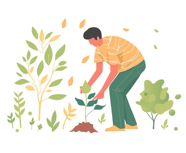 jardinero se encarga de la planta en crecimiento ilustración vectorial plana