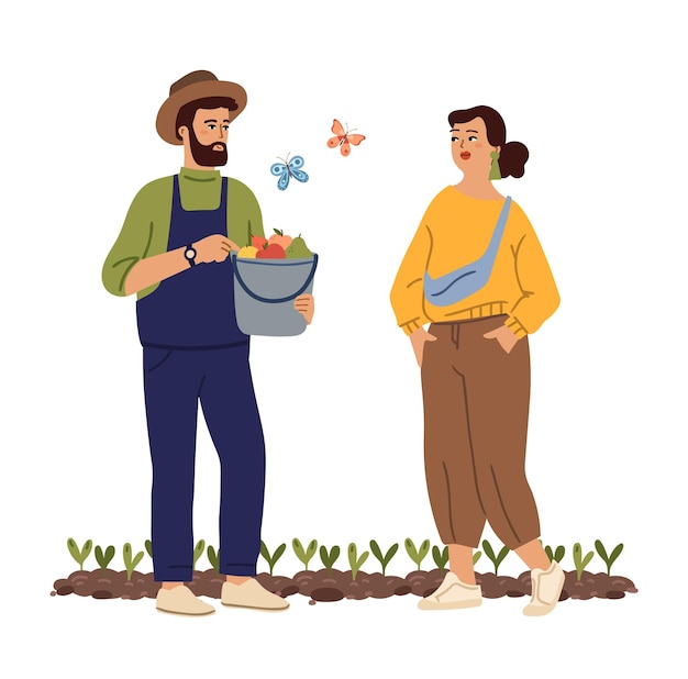 Jardinero con manzana Frutas cubo hombre venta jardín verduras y frutas Pera manzana lindo agricultor y niña de la ciudad Dibujos animados coqueteando personajes vectoriales