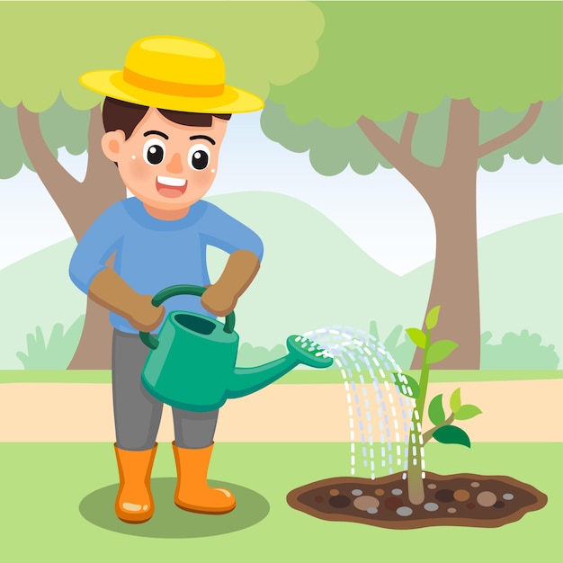 Jardinero masculino regando un árbol