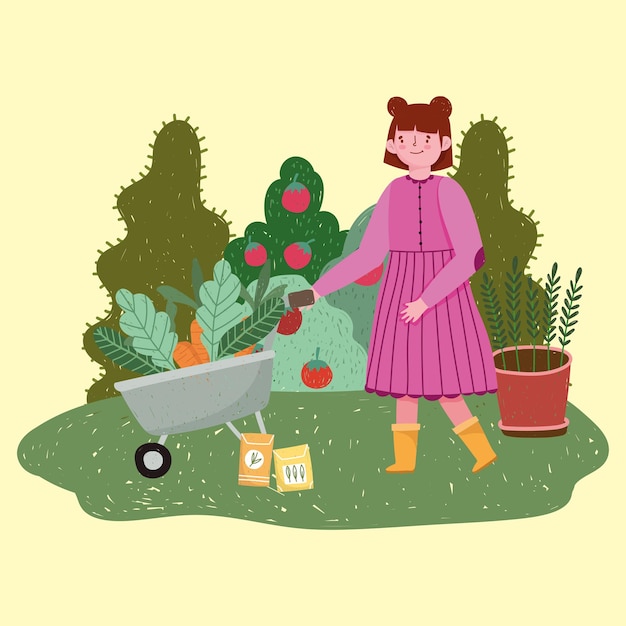 Jardinero niña con carretilla con zanahorias y semillas en la ilustración de la hierba