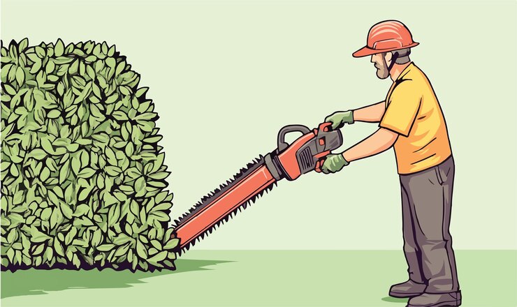 Vector el jardinero podando setos en un jardín exuberante