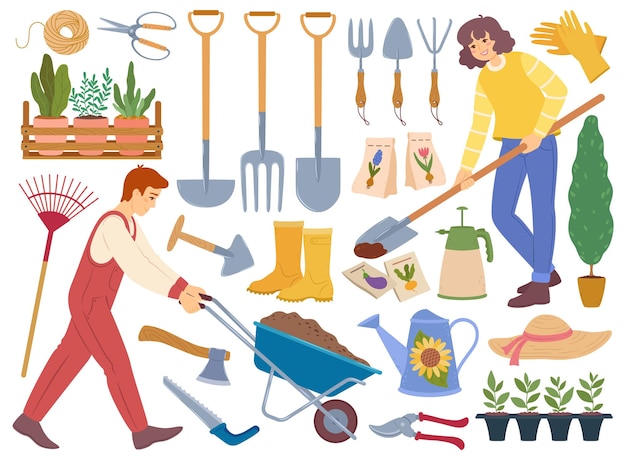 Jardineros con herramientas de equipos de jardinería, plantas hortícolas, pala, regadera, semillas, vector, conjunto