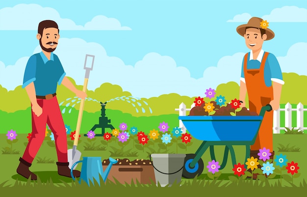 Jardineros plantando flores ilustración vectorial