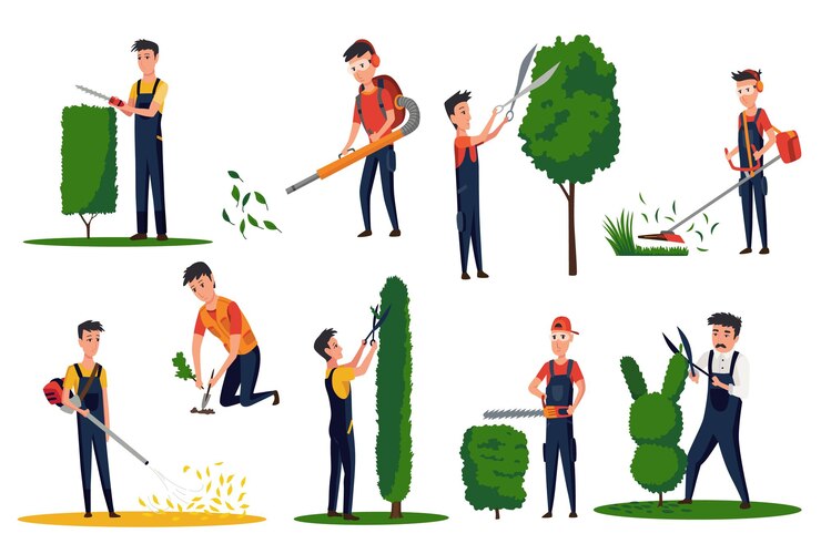Vector jardineros profesionales con diferentes herramientas y poses mantenimiento realizando plantas y cuidado del césped podando hojas de arbustos hombre usando herramientas y equipos de maquinaria de jardín