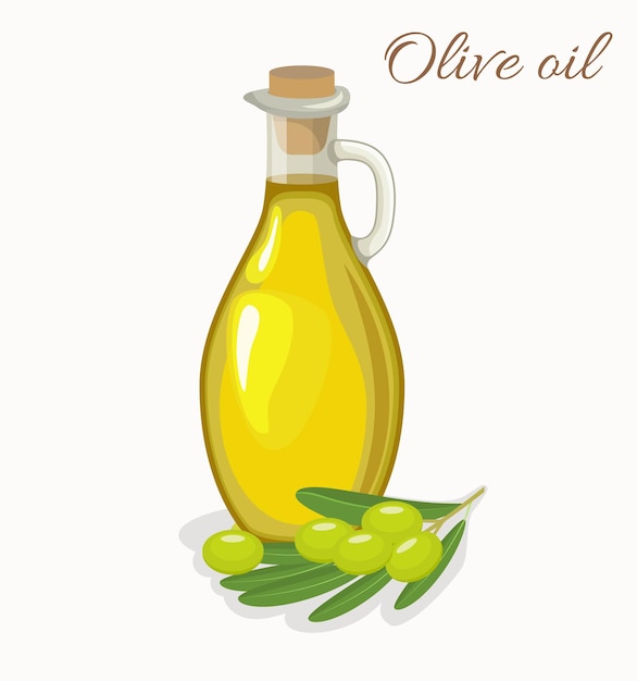 Vector jarra de botella de vidrio de aceite de oliva y aceitunas con hojas