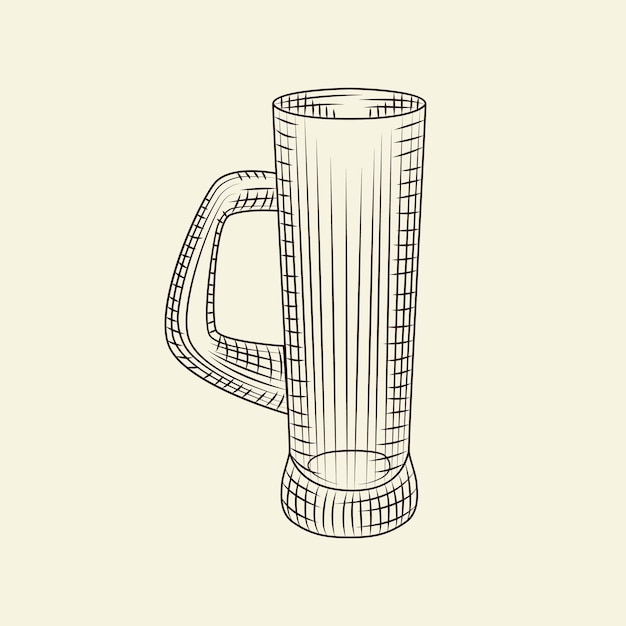 Jarra de cerveza dibujada a mano. Vaso de cerveza vacío aislado sobre fondo claro. Estilo de grabado. Para menú, tarjetas, carteles, impresiones, embalajes. Estilo de dibujo. Ilustración de la vendimia del vector