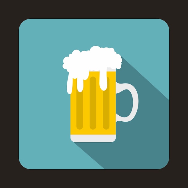 Jarra de cerveza fresca con tapa de espuma, icono en estilo plano aislado con sombra larga