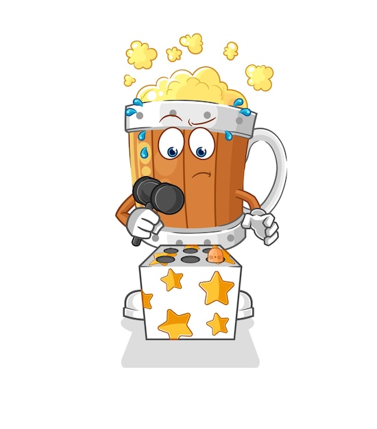 Jarra de cerveza jugar whack a mole mascota vector de dibujos animados