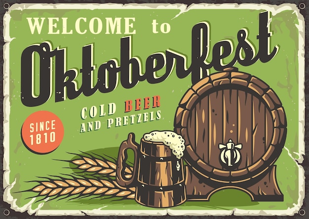 Jarra de cerveza lager artesanal de póster retro con espuma Barril de madera y cebada para el oktoberfest bávaro