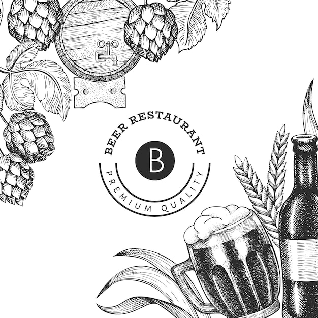 Jarra de cerveza y plantilla de diseño de lúpulo. dibujado a mano ilustración de bebida de pub de vector