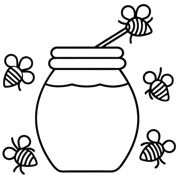 una jarra de miel con abejas en ella y un palo en el medio