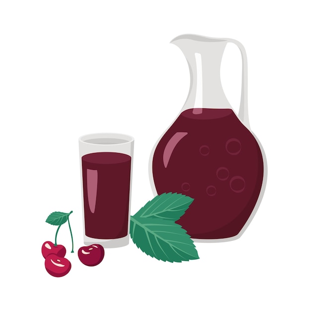 Jarra y vaso de jugo de cereza o bebida con bayas y hojas. Dulce deliciosa comida y bebida. Ilustración plana vectorial