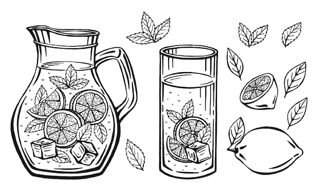 Jarra de vidrio dibujado a mano con limonada, boceto de limonada casera, Ilustración de verano.