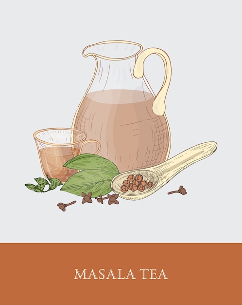 Vector jarra de vidrio, taza de masala chai o té indio con especias tradicionales, cuchara, cardamomo y clavo en gris