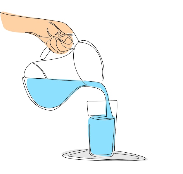 Jarra de vidrio y vaso con leche o agua Ilustración dibujada a mano Arte lineal