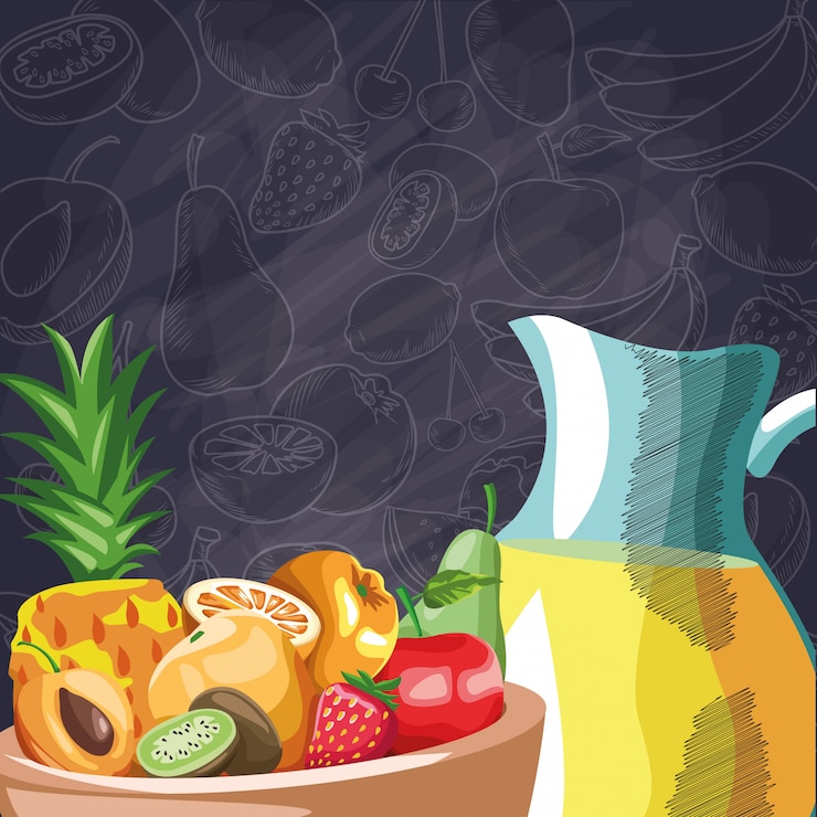 Vector jarra zumo fruta fresca manzana piña pera kiwi mango