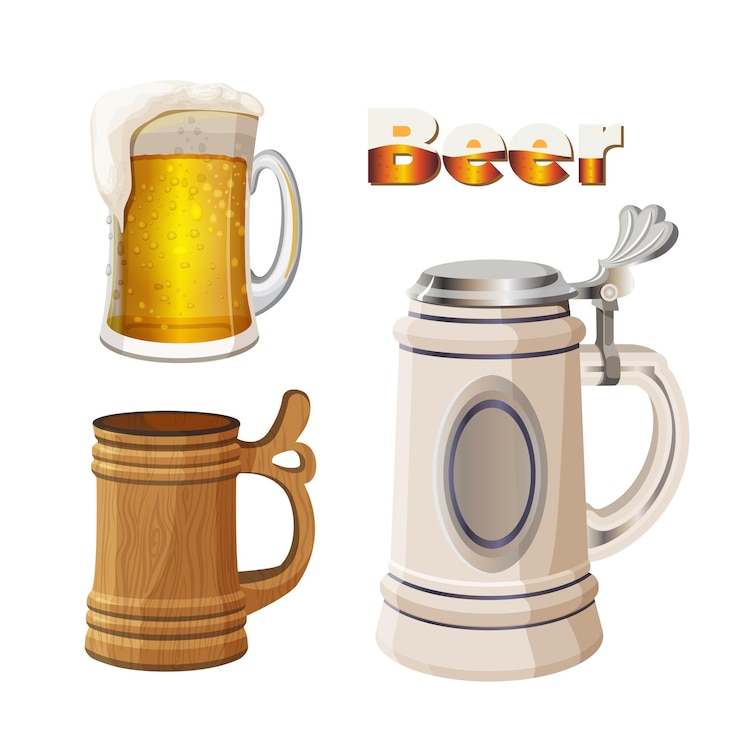 Vector jarras de cerveza conjunto aislado. vaso transparente de vidrio con espuma de cerveza