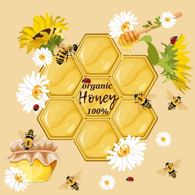 Jarro de miel panal de miel con cuchara de miel con manzanillas girasoles mariquitas y abejas