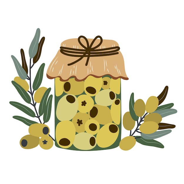 Jarro rústico de aceitunas verdes con ramas y hojas dibujado a mano ilustración vectorial de conservado