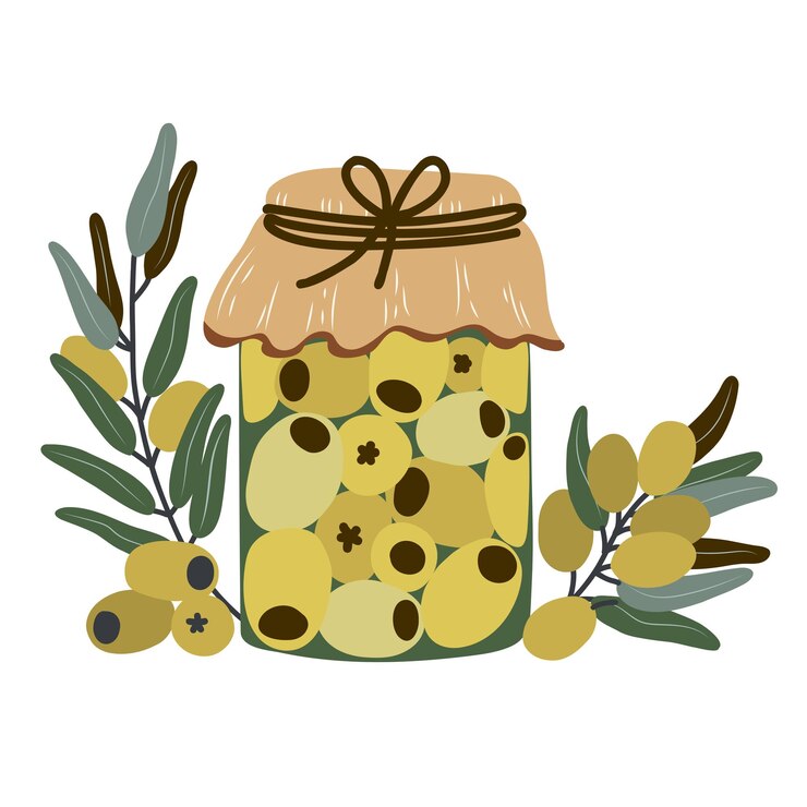 Vector jarro rústico de aceitunas verdes con ramas y hojas dibujado a mano ilustración vectorial de conservado