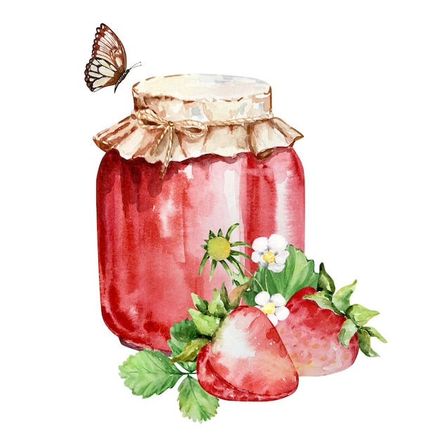Jarro de vidrio de acuarela con mermelada de fresa y mariposa