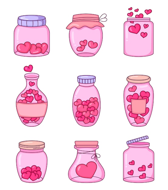Jarro de vidrio con corazones de amor Feliz día de San Valentín Botella romántica estilo dibujado a mano
