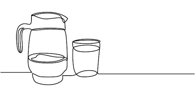 Jarro y vidrio dibujo de una línea en fondo blanco aislado Ilustración vectorial Línea continua