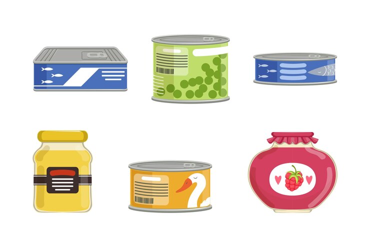 Vector jarro de vidrio y lata con etiqueta de un conjunto vectorial de estantería de supermercado