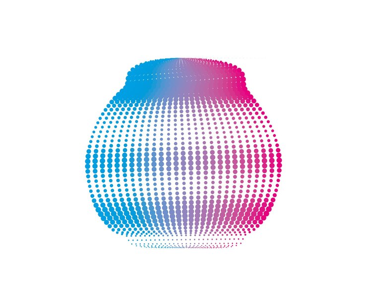 Vector un jarrón azul con un patrón de puntos un logotipo de remolino azul y rosa un patrón de puntos circular con azul