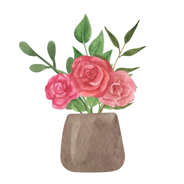 Vector jarrón de barro de cerámica boho con bouquet. olla de decoración del hogar. clipart acuarela dibujada a mano. color terroso