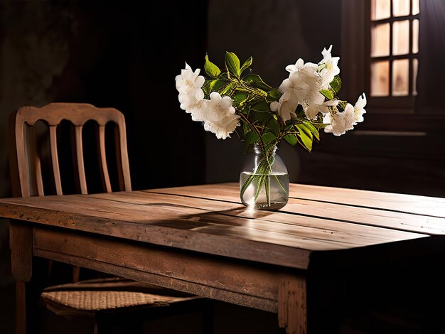 un jarrón de flores blancas se sienta en una mesa de madera